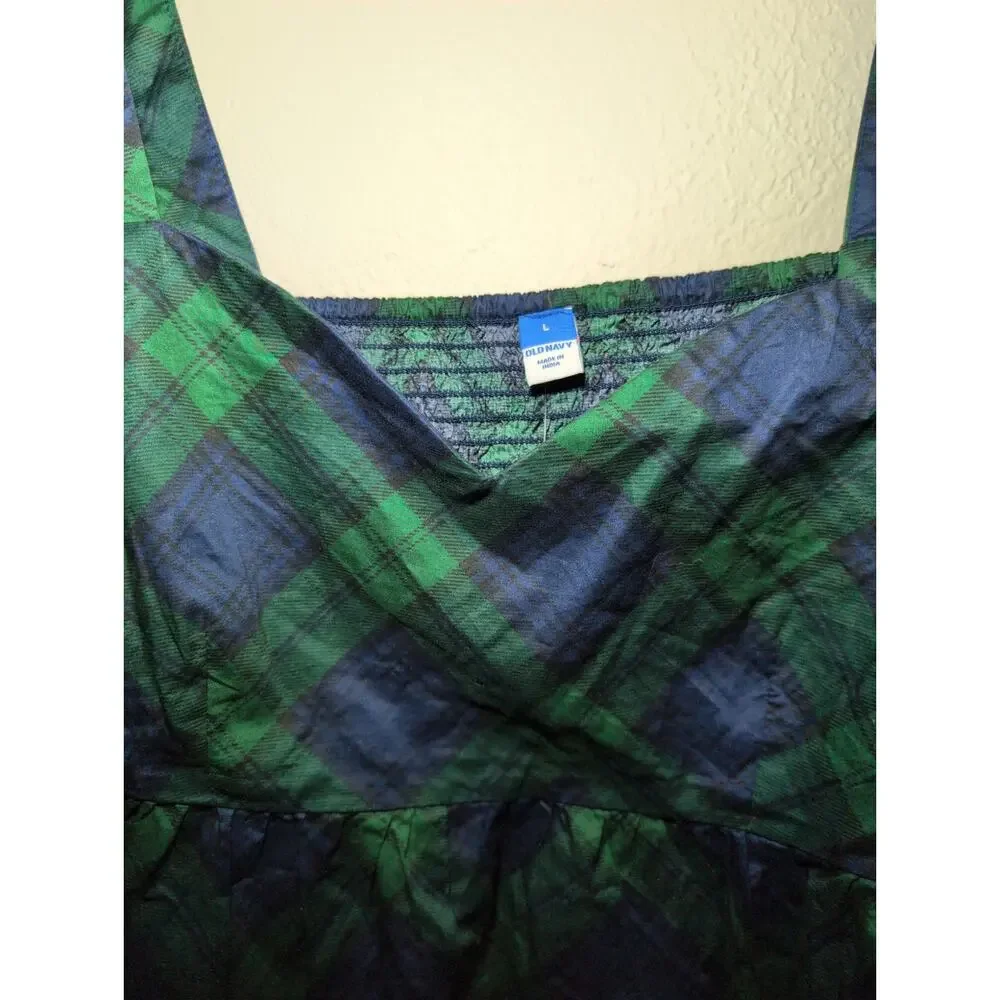 New Old Navy Plaid Peplum L Crop Puff Sleeve Green Blue Smocked Cottagecore